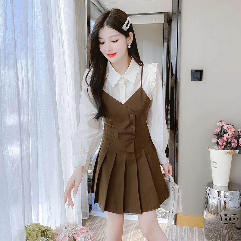 春季长袖连衣裙2023新款吊带拼接衬衫减龄女神范假两件套百褶裙子