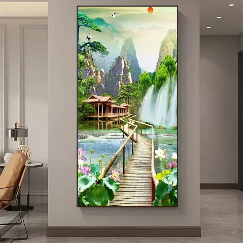 流水生财十字绣2025新款线绣客厅中式山水风景自己手工绣简单刺绣