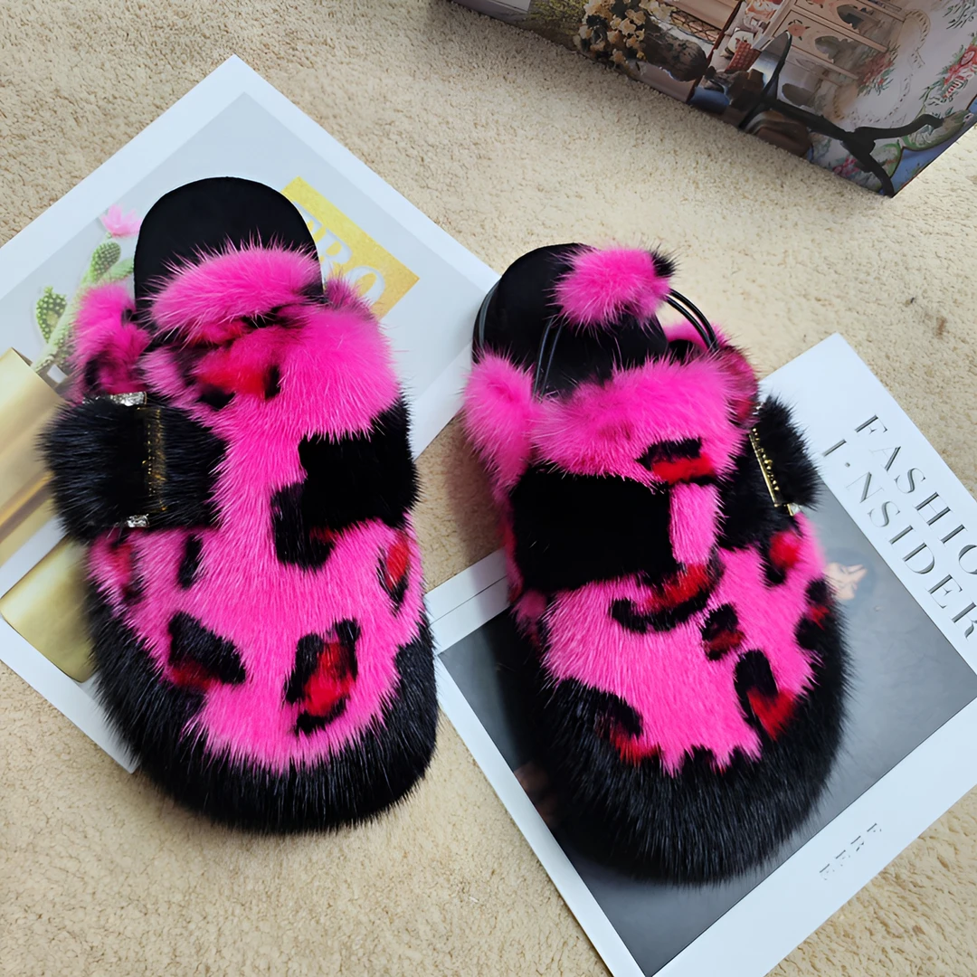 《米洛其》2024新款玫红豹纹博肯毛毛拖鞋居家外穿时尚百搭防滑保暖