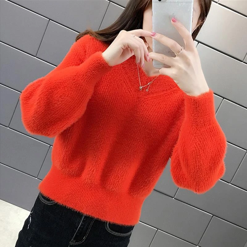 加绒短款毛衣女套头新款女装加厚针织打底衫女秋冬季宽松V领上衣