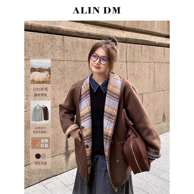 ALINDM【北海道黎明】大码微胖mm双面毛呢外套连帽大衣-S26012