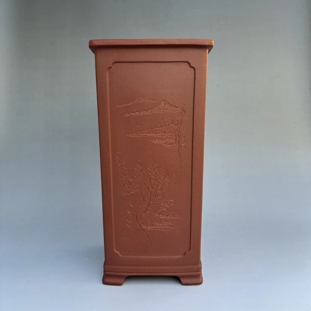 紫砂花盆四方凹奎面签筒 红清水泥手工制作刻绘 兰花盆悬崖盆景盆