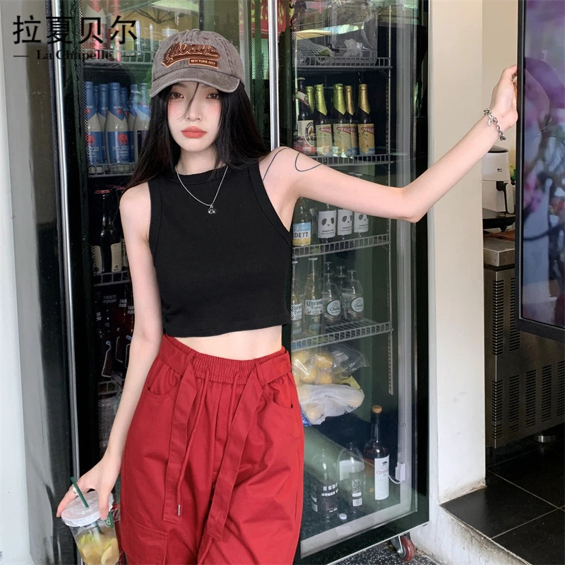 拉夏贝尔纯棉夏季背心百搭短款打底显瘦修身露脐辣妹休闲运动ins