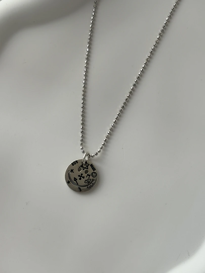 坠链均925银 s925纯银坠链笑脸吊坠朋克风小众银色吊坠双面