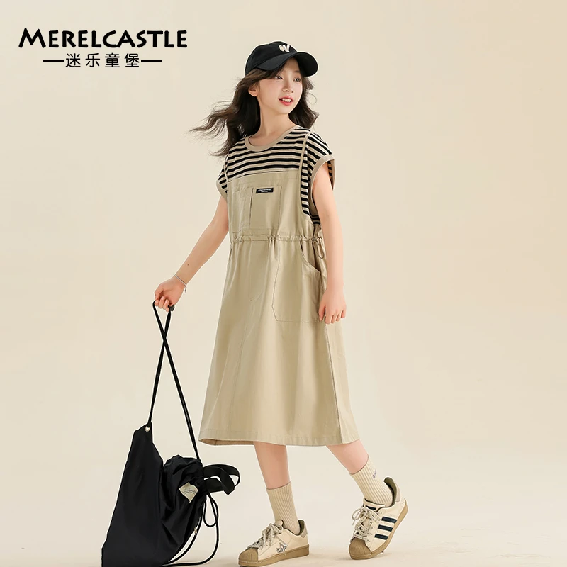 女童夏季新款连衣裙2024夏款中大童女孩休闲条纹假两件裙子3294
