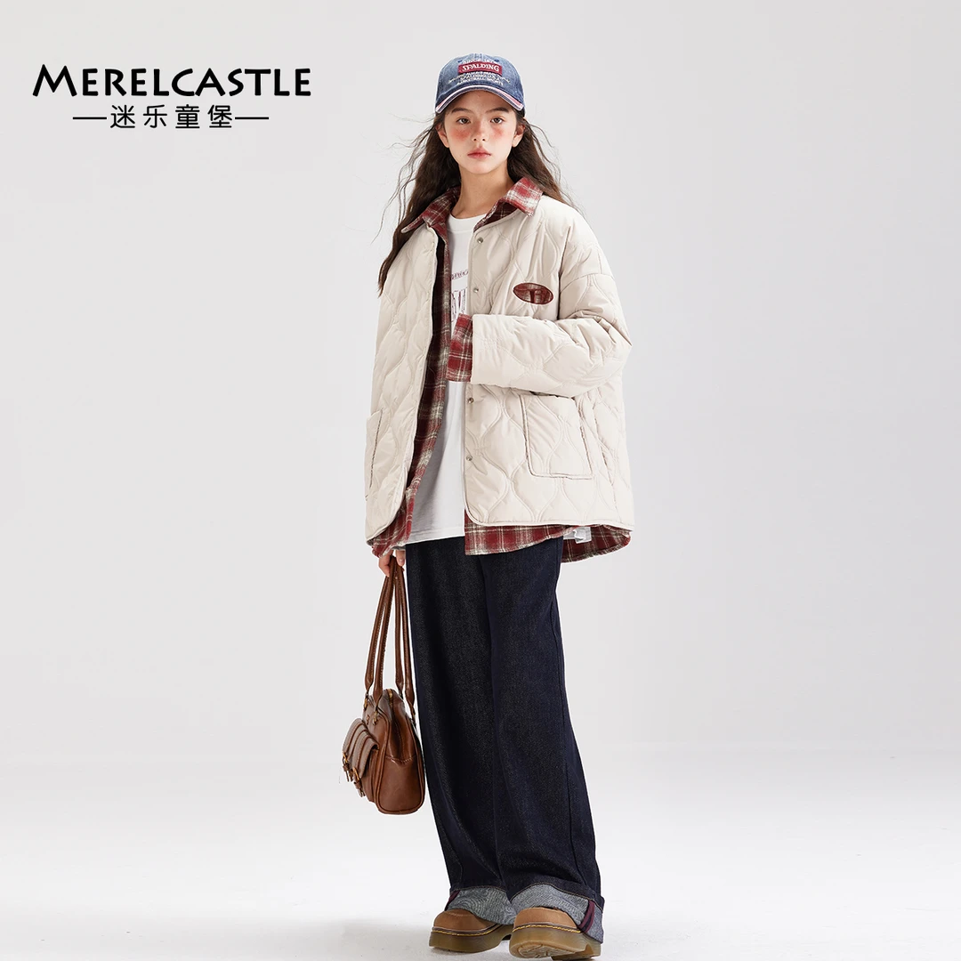 C4244女童格子拼假两件棉衣青少年装时尚加厚冬季新款外套