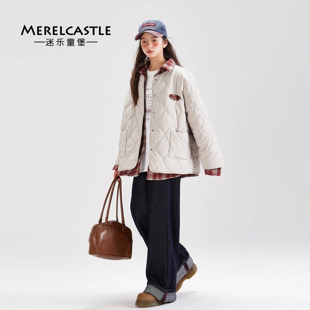 C4244女童格子拼假两件棉衣青少年装时尚加厚冬季新款外套