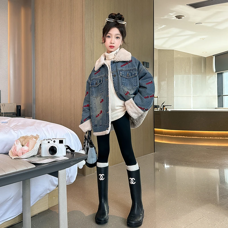 女童加厚牛仔外套2023冬季中大童洋气刺绣韩版保暖加绒牛仔3005