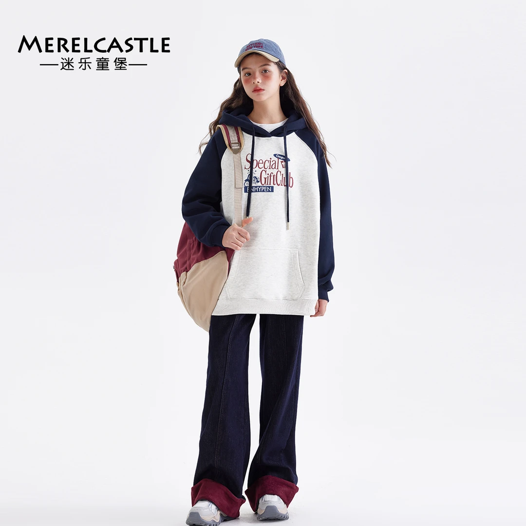 C4160女童加绒卫衣秋冬2024新款大童洋气时髦初中生加厚连帽上衣