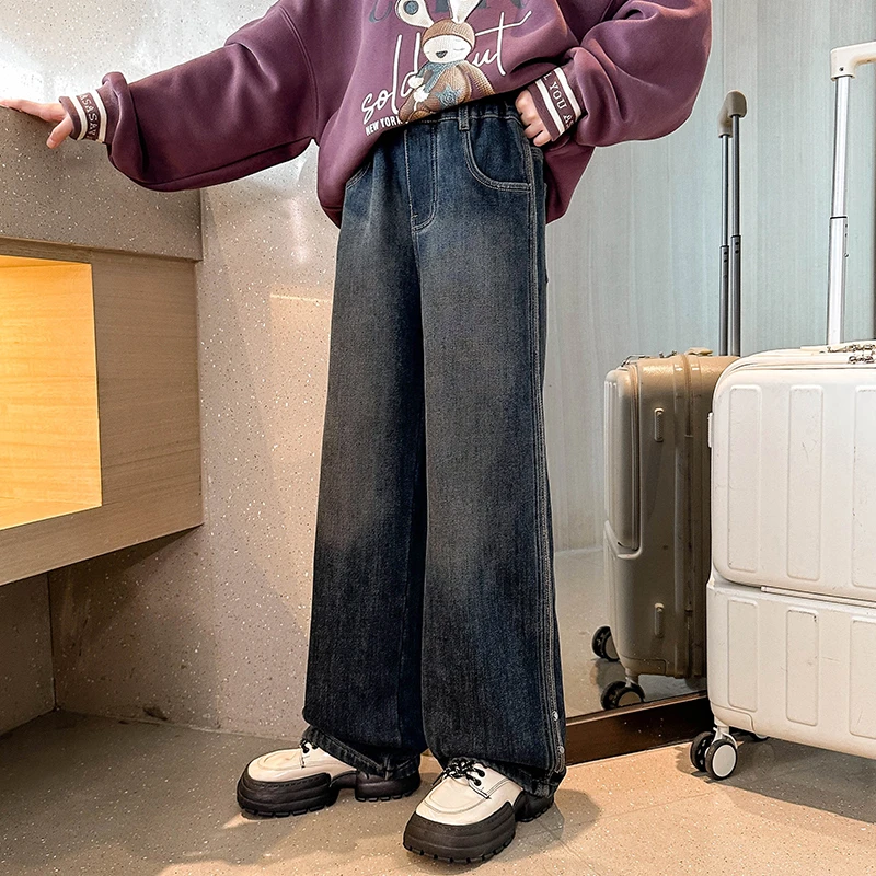 女童冬款加绒牛仔裤2023新款中大童韩版宽松显瘦阔腿保暖裤子2865