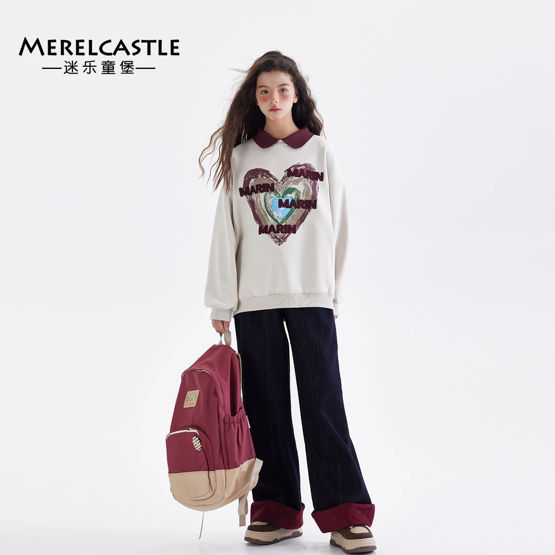 C4173女童韩版加绒卫衣中大童Polo领套头休闲时尚青少年上衣