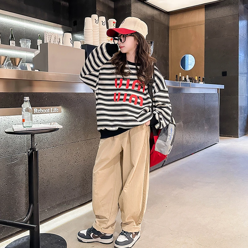 C3123儿童春季条纹卫衣新款女童中大童洋气休闲字母潮春款上衣