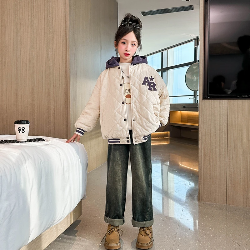 女童冬季夹棉外套2023新款洋气中大童秋冬款休闲加厚保暖棉服2751
