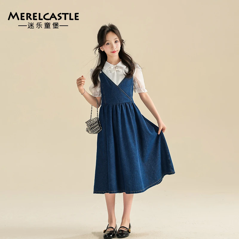C3408女孩夏季新款套装群中大童女童韩版洋气新中式衬衫牛仔裙