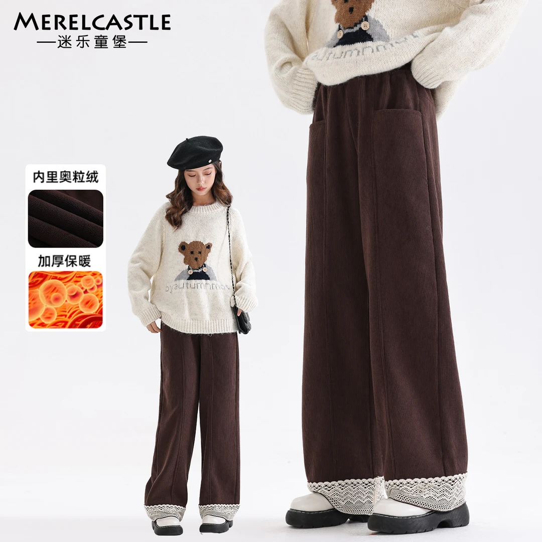 C4314女童加绒加厚条绒休闲裤中大童保暖外穿高腰冬季裤子