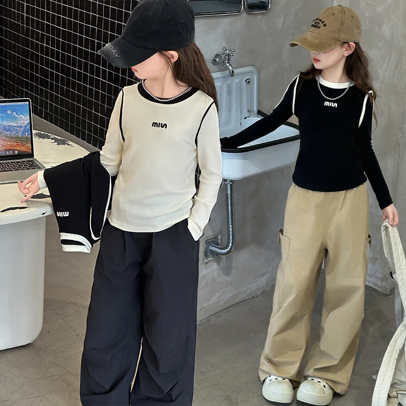 女童长袖休闲百搭秋款打底衫12-15岁大童女t恤裤子女童裤子春秋款