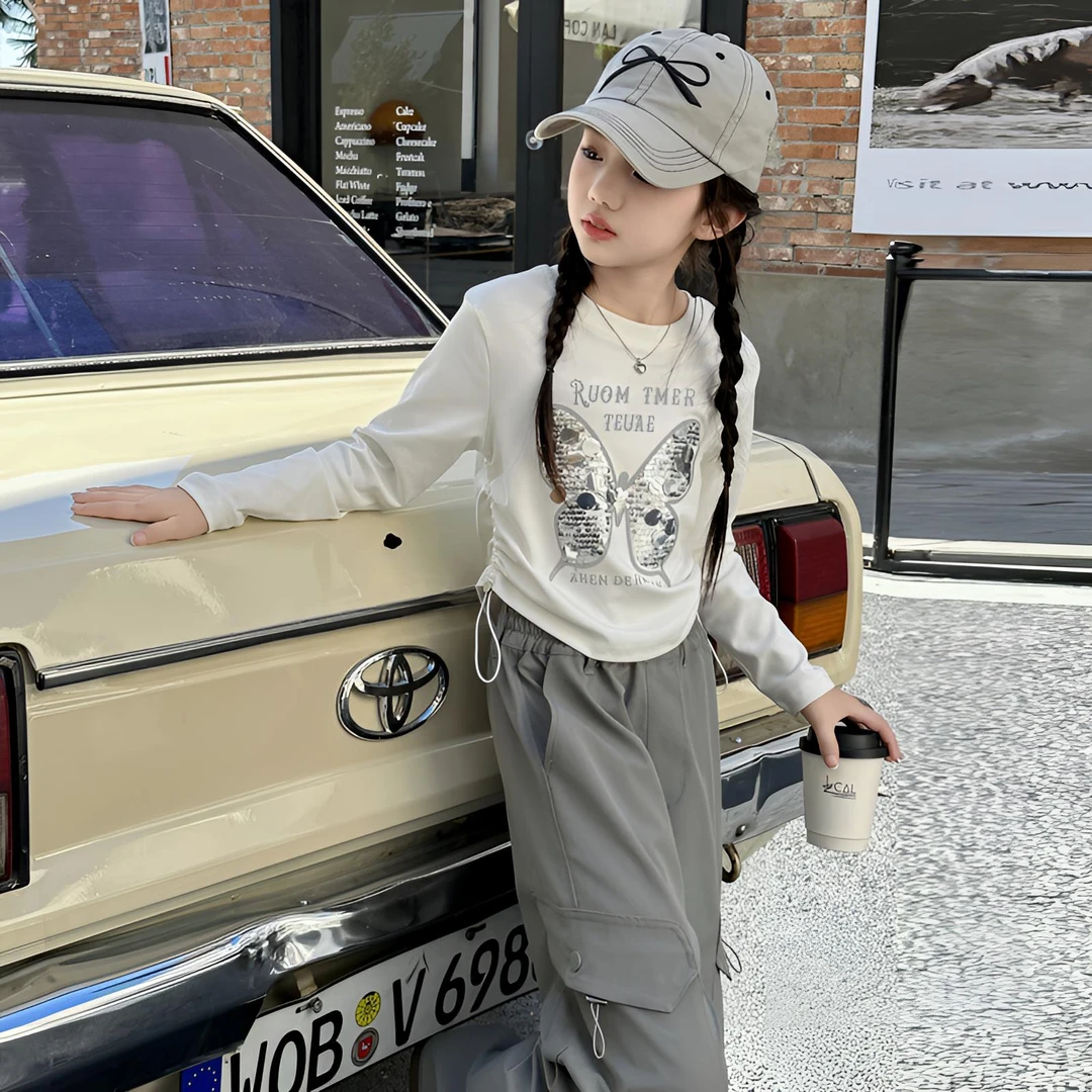 女童打底衫早秋2024新款炸街短裤上衣休闲韩版女中大童长袖衫秋装