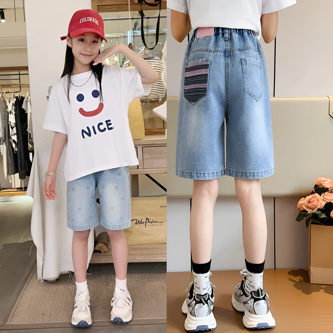 女童夏季中裤女大童儿童时尚休闲薄款牛仔五分裤宽松韩版外穿洋气