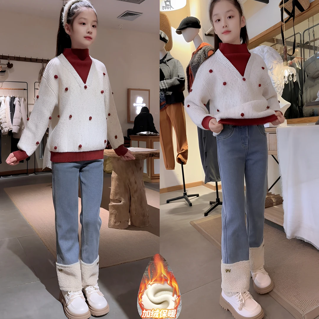 儿童韩版加绒牛仔裤窄版直筒裤时尚外穿冬装新款女孩中大童长裤冬