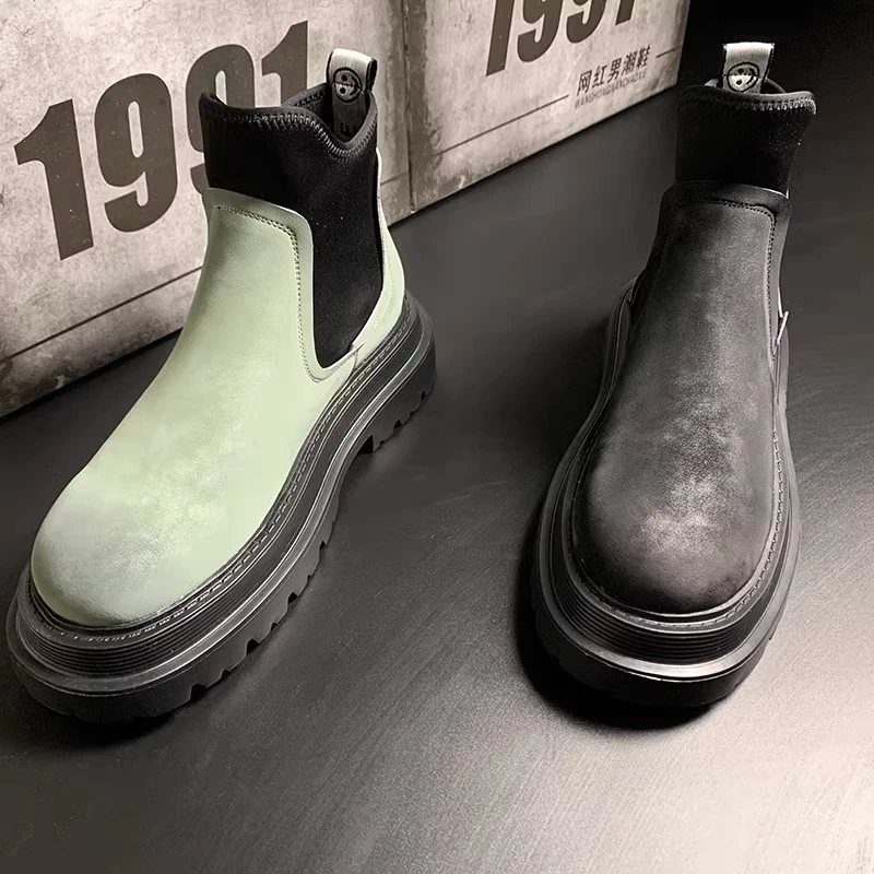 男鞋冬款加绒潮男马丁靴中帮英伦风潮流短靴时尚一脚蹬厚底机车靴