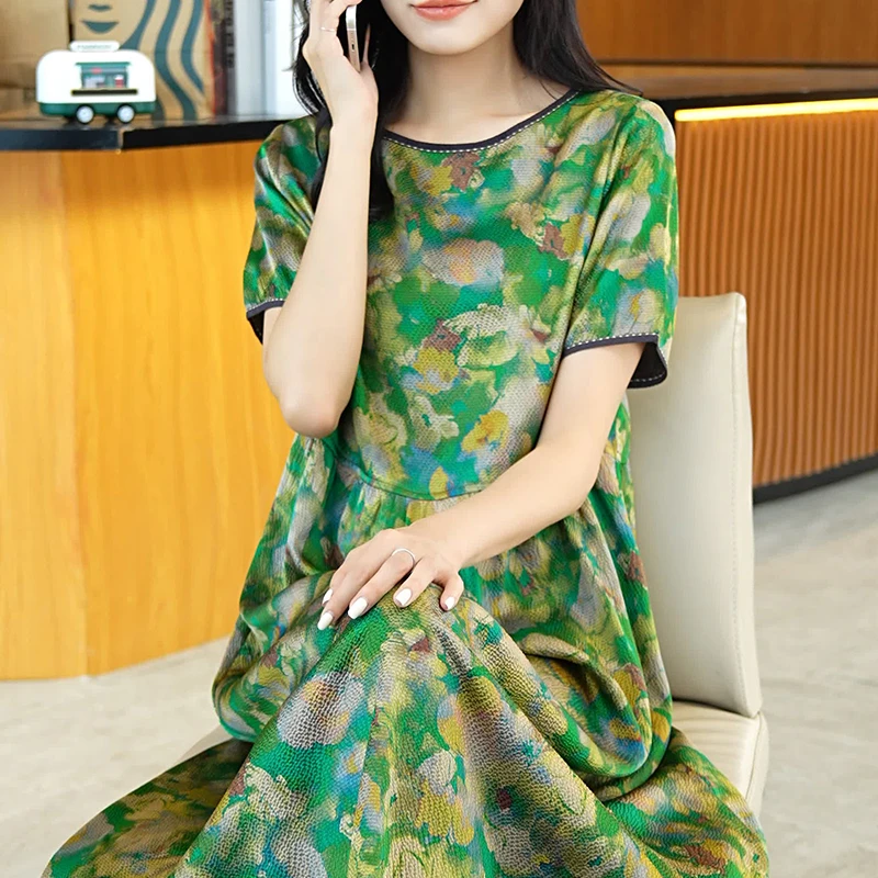 时尚印花真丝桑蚕丝女士连衣裙气质妈妈2023年新款复古洋气高级感