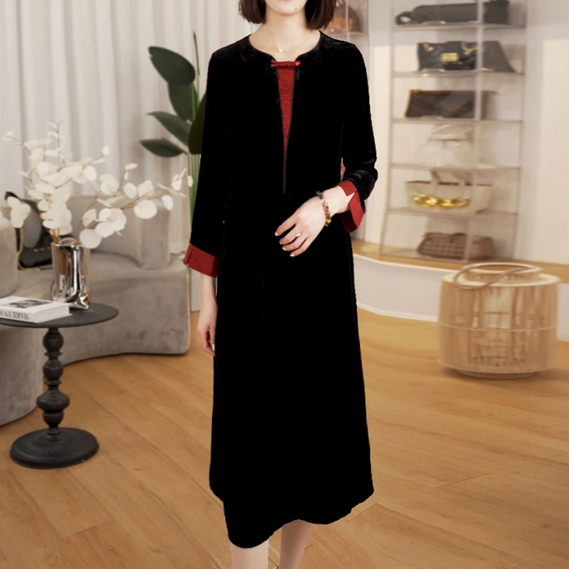 时尚真丝丝绒女士连衣裙气质妈妈2023年新款复古中老年妈妈装