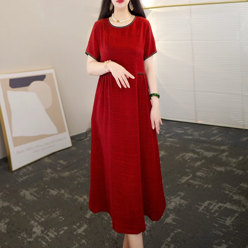 夏季七夕浪漫大牌杭州香云纱真丝连衣裙女气质妈妈桑蚕丝裙子