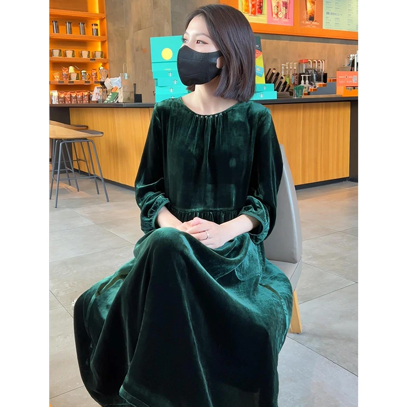 时尚印花真丝桑蚕丝女士气质修身连衣裙妈妈2024新款丝绒收腰复古
