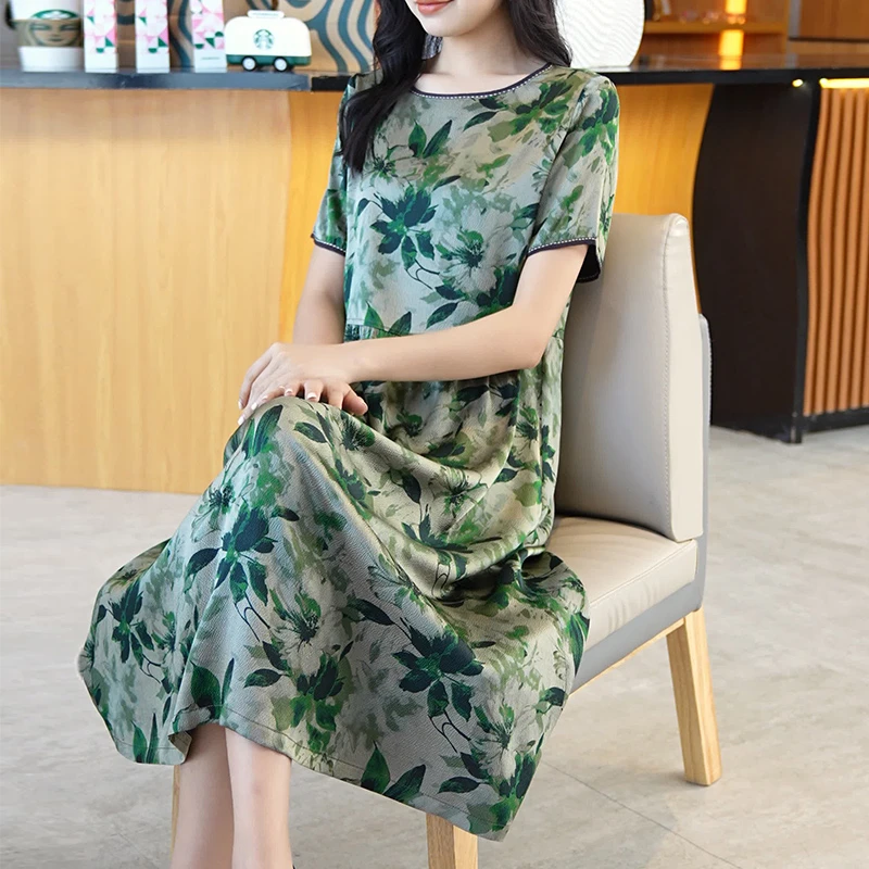 真丝杭州高端中年气质连衣裙女夏季2024新款桑蚕丝时尚连衣裙妈妈