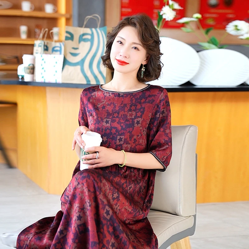 夏季新款2024年大牌杭州丝绸真丝连衣裙女气质妈妈碎花桑蚕丝裙子