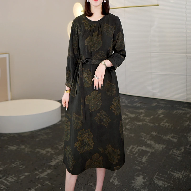 夏季2024大牌杭州香云纱真丝连衣裙女气质妈妈桑蚕丝裙子