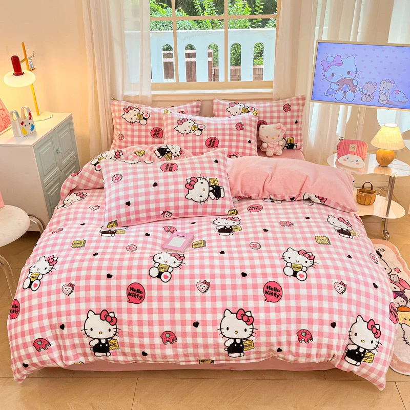 超萌卡通可爱KT三四件套牛奶绒女孩双面学生加厚加绒绒被新款