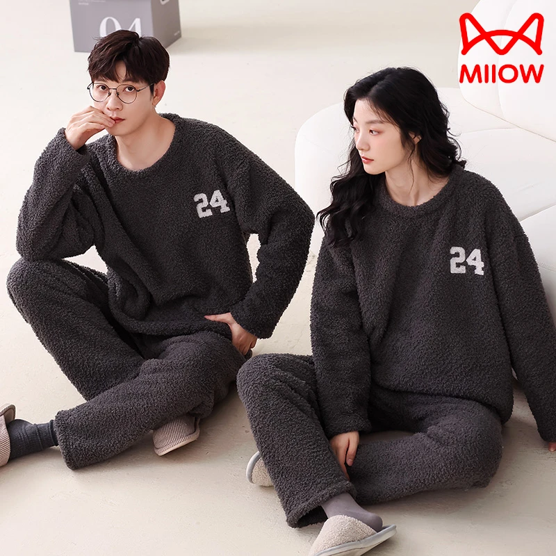 猫人半边绒情侣睡衣软绵绵男女款套装可外穿秋冬季珊瑚绒家居服