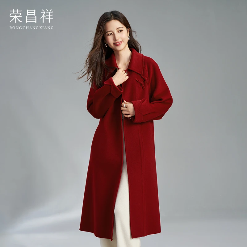 荣昌祥新年红装设计感喜婆婆双面羊绒大衣国风中国结女毛呢外套