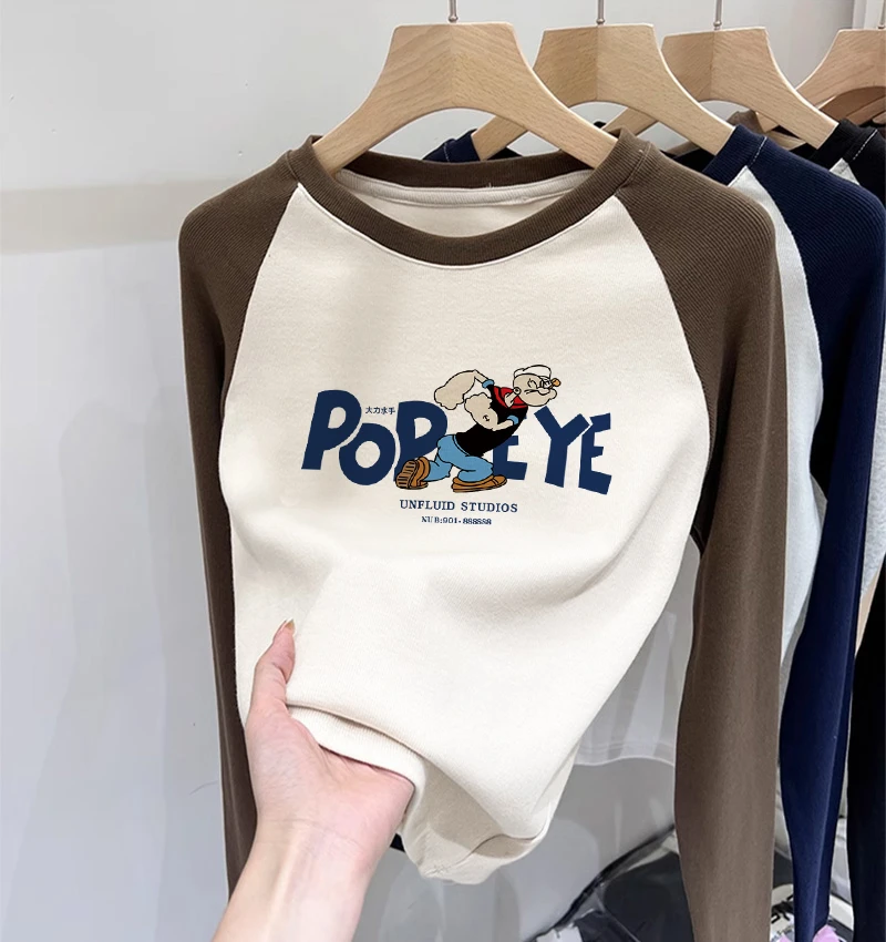 撞色纯棉长袖t恤女秋冬季内搭洋气打底衫高端潮牌女装上衣服外穿