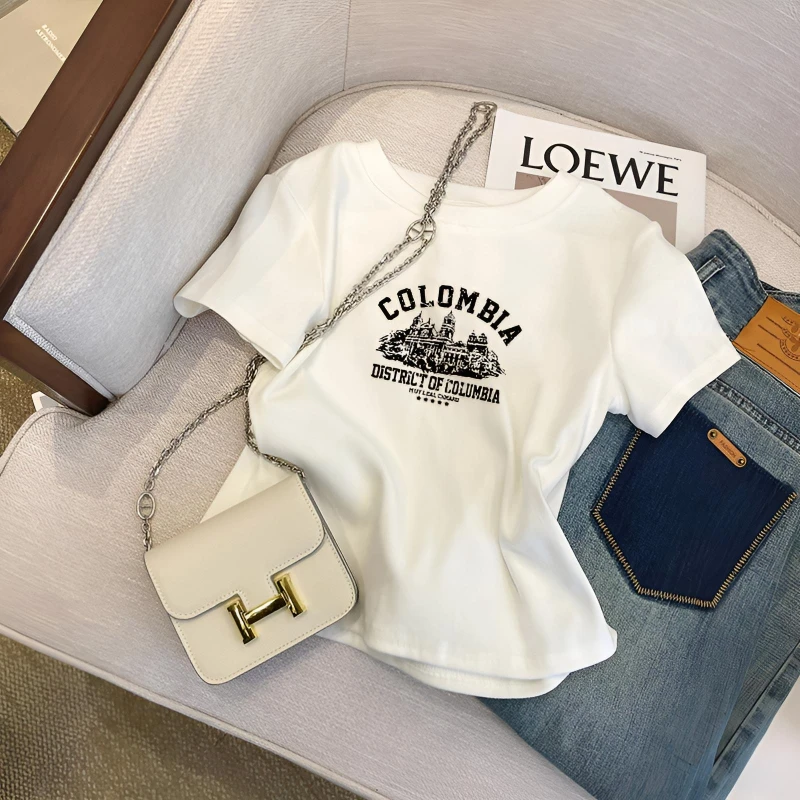 白色正肩纯棉短袖t恤女装夏季2025新款修身显瘦短款洋气卡腰上衣