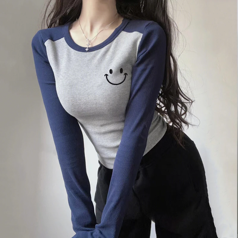 正肩长袖t恤女春秋装冬季美式复古内搭时尚洋气打底衫撞色上衣服