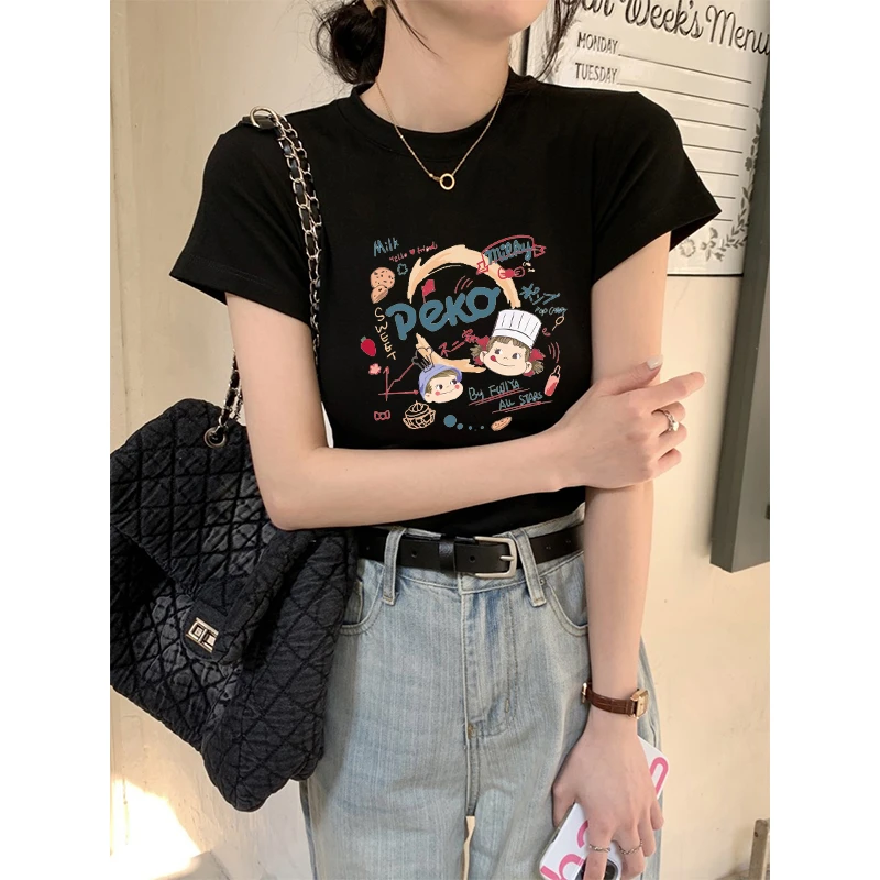 夏季上衣黑色短袖女装网红款T恤女修身百搭打底时尚内搭正肩体恤