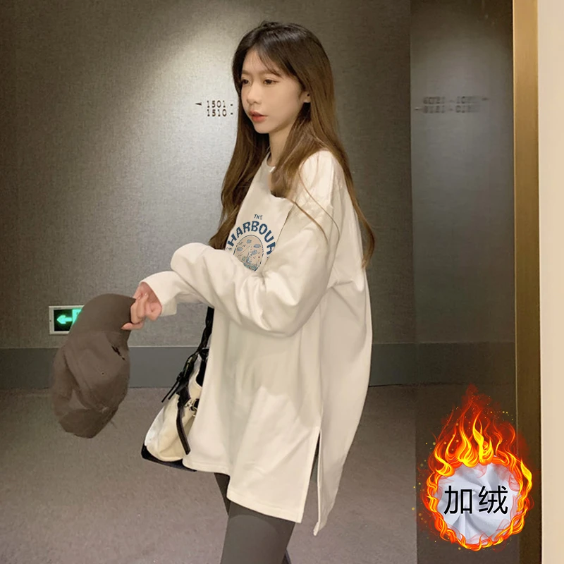 2023款德绒秋冬季加绒加厚长袖女上衣保暖打底衫内搭圆领T恤外穿