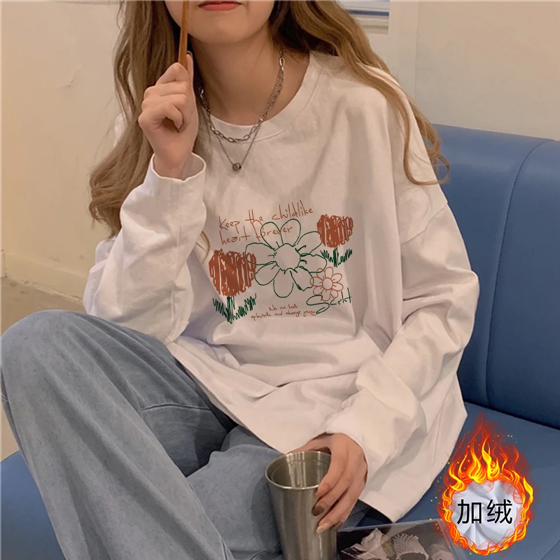 保暖长袖女上衣春秋装冬季时髦洋气加绒t恤宽松德绒打底衫女内搭