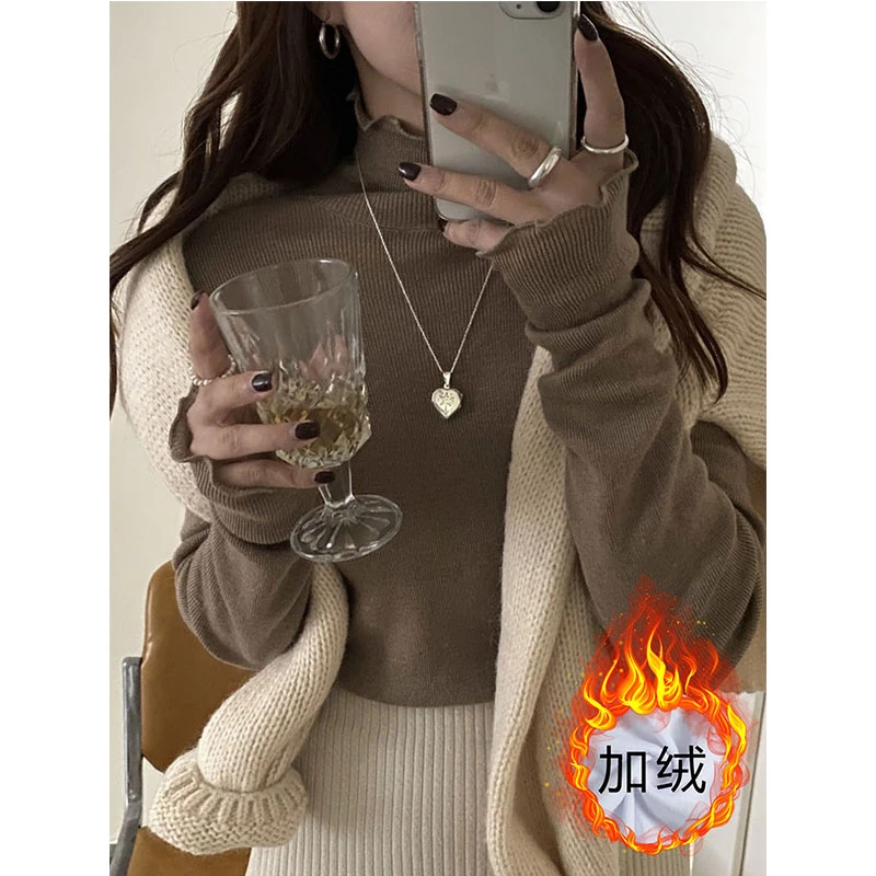 德绒半高领打底衫女秋冬新款2023洋气内搭加绒修身长袖t恤上衣女