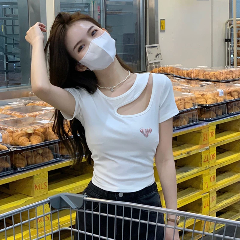 纯欲风短袖t恤女装夏季显瘦修身显瘦网红短款上衣服不规则辣妹装