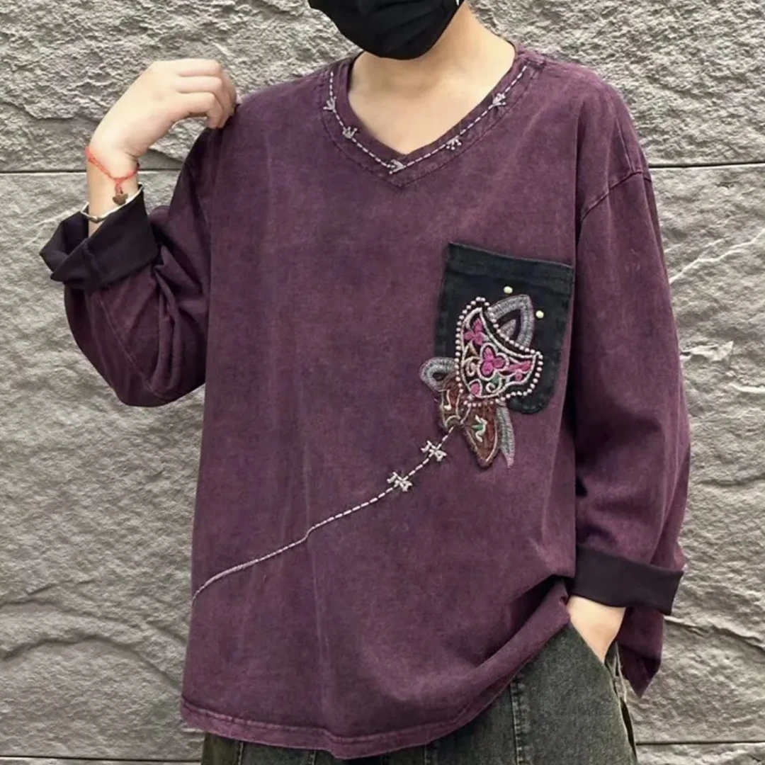 【铃铃】秋冬炒色文艺宽松大版贴布绣小火箭纯棉上衣胸围126衣长62