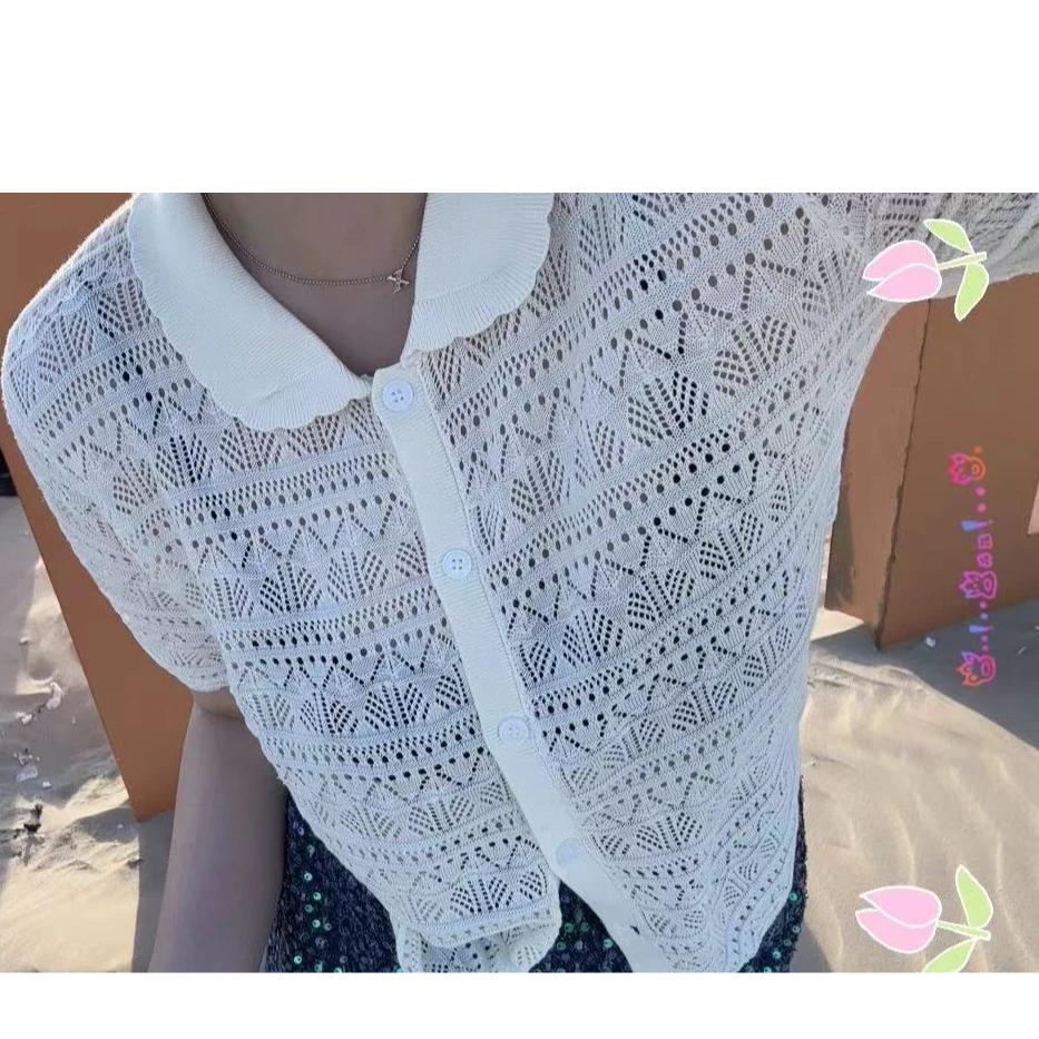 5003三炫轻奢女装纯色小POLO领镂空短袖上衣