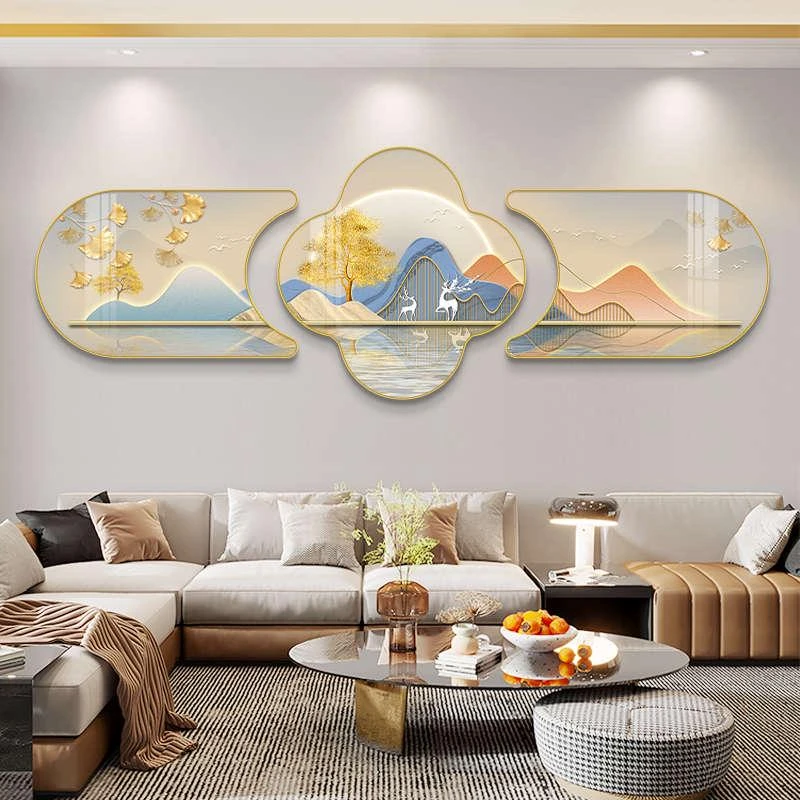 福禄双至客厅装饰画现代简约三联画大气寓意好壁画沙发背景墙挂画