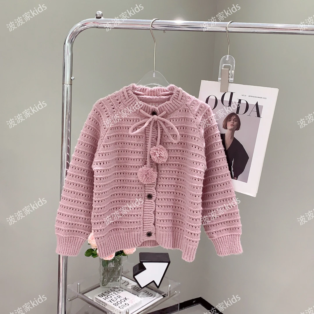 【波波家】2024秋款简约纯色女童韩版镂空休闲针织衫上衣--Y2694