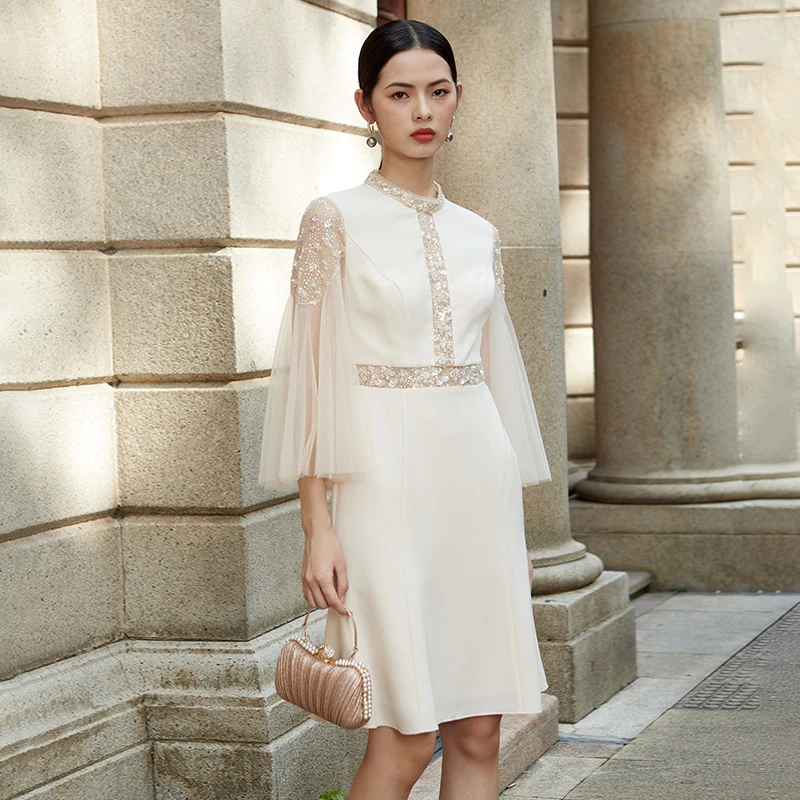 【苏希礼】高贵晚礼服轻奢名媛杏色亮片气质日常款小礼服S22129