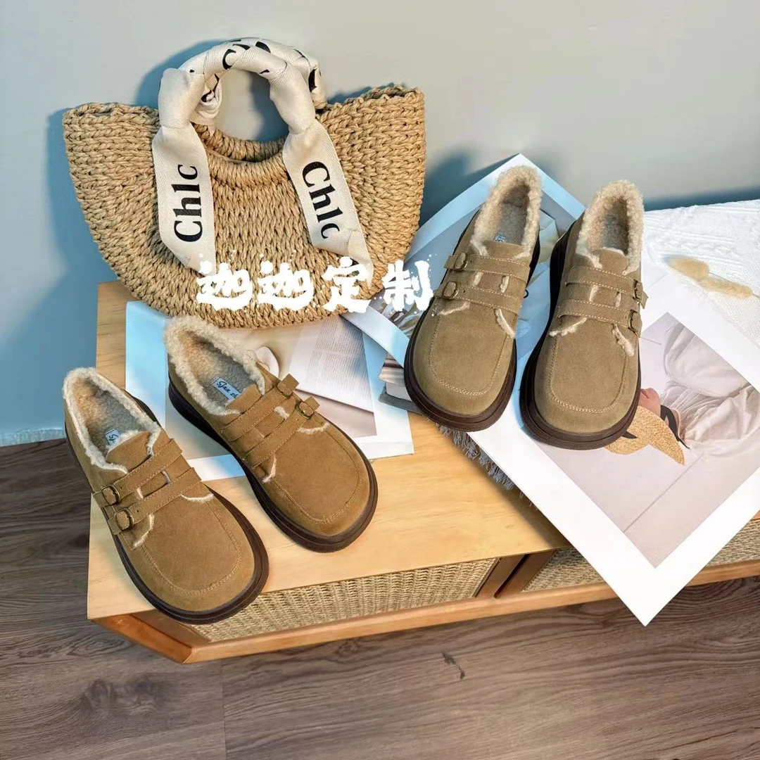 【伽伽】毛毛鞋女2023新款浅口秋冬加绒单鞋皮带扣勃肯鞋外穿豆豆鞋