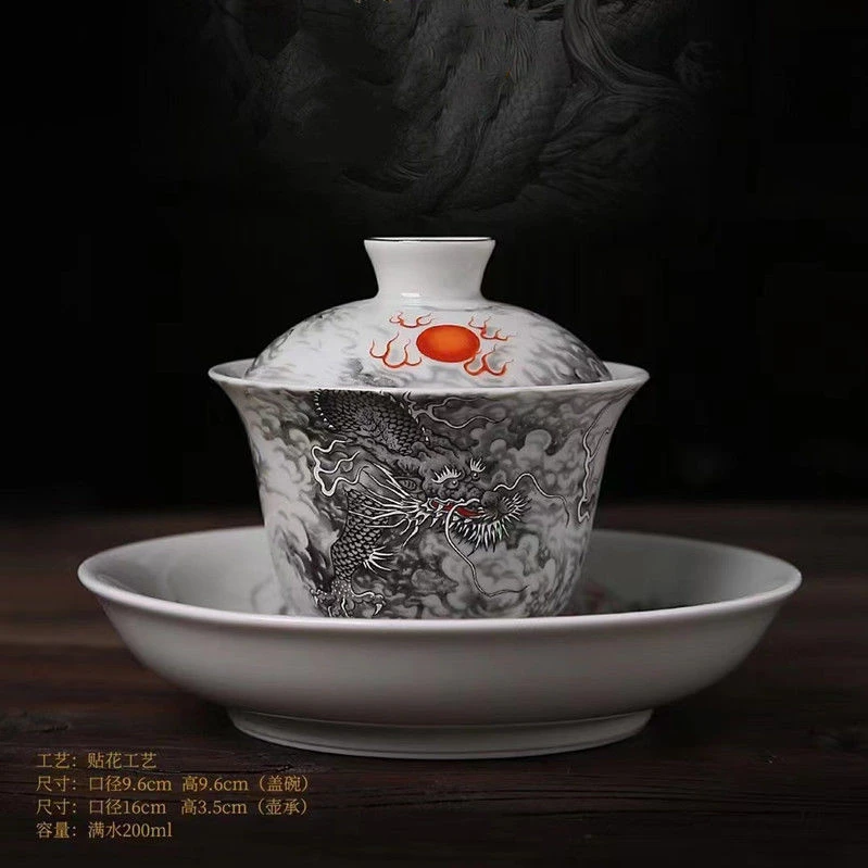 大号白瓷陶瓷墨龙复古三才盖碗茶具套组高档纯手工茶碗悬停泡茶
