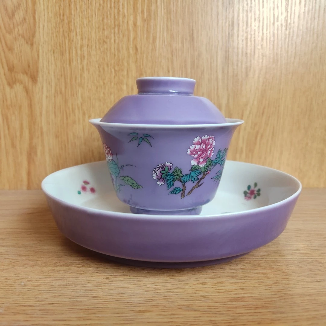 色釉女士陶瓷茶杯功夫茶具清新花色牡丹繁花似锦三才盖碗壶承单杯
